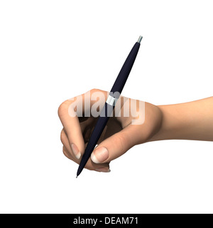 Digitale 3D Rendern einer menschlichen Hand hält einen schwarzen Stift isoliert auf weißem Hintergrund Stockfoto