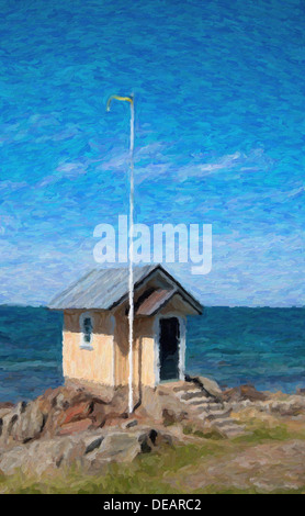Eine digitale Malerei von einer kleinen Strandhütte befindet sich an der Küste in Torekov in Schweden Stockfoto