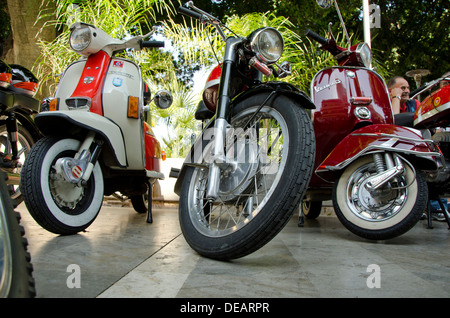 Ducati Straße 250er eine Vespa GS und eine Lambretta klassische Motorräder bei einem Oldtimer Motorrad-treffen in Coin, Andalusien, Spanien. Stockfoto