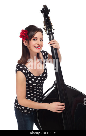 Glücklich Rockabilly-Mädchen stand-up Bass zu spielen Stockfoto