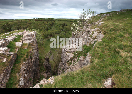 Sommer-Blick über die Kalksteinfelsen der Cheddar Gorge, Mendip Hügel, Somerset County, England, UK Stockfoto