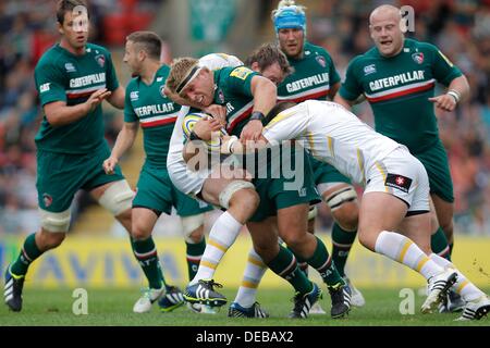 8. September 2013 - Leicester, Leicestershire, Vereinigtes Königreich - 8. September 2013 - Leicester, Leicestershire, Vereinigtes Königreich - Tom Youngs zum Angriff für Leicester Tigers - Rugby Union - Aviva Premiership - Leicester Tigers V Worcester Warriors - Saison 2013 / 2014 - 8. September 2013 - fotografieren Malcolm Couzens/Sportimage. Stockfoto