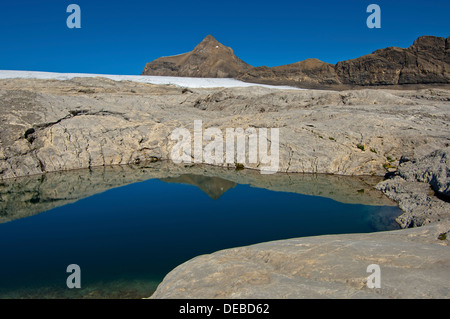 Glaciokarst mit Doline im ehemaligen Gletscher Bett Tsanfleuron Gletscher, Berner Alpen, Wallis, Schweiz Stockfoto