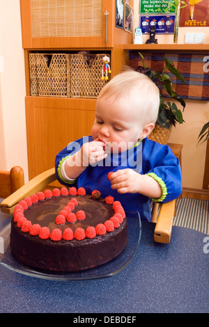 Baby, 1 Jahr, mit Geburtstagstorte Stockfoto