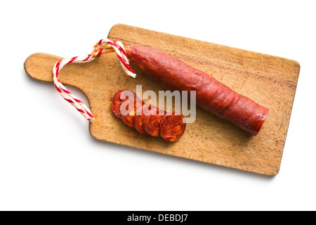 leckere Chorizo Wurst auf Schneidebrett geschnitten Stockfoto