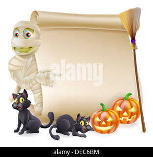Halloween-Scroll oder Banner-Schild mit Orange geschnitzte Halloween-Kürbisse und Mumie Zeichentrickfigur Stockfoto