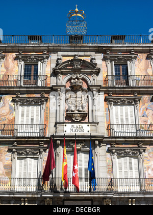 Madrid, Spanien, Detail des Gebäudes Casa De La Panaderia auf der Plaza Mayor Stockfoto