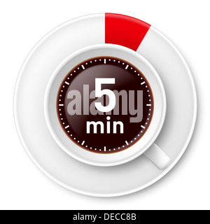 Tasse Kaffee mit Frist für die Pause: fünf Minuten. Abbildung auf weißem Hintergrund. Stockfoto