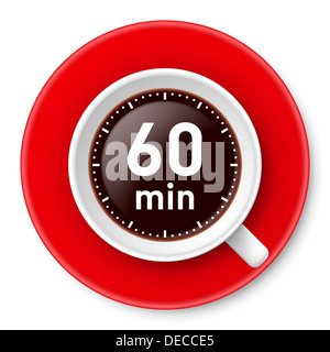 Tasse Kaffee mit Frist für die Pause: eine Stunde. Abbildung auf weißem Hintergrund. Stockfoto