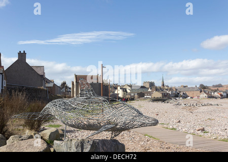 Metall Delphin-Skulptur des Künstlers Andy Scott, am Strand von Stonehaven, Schottland. Stockfoto