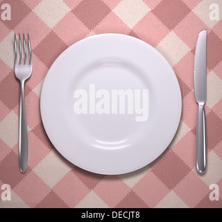 Besteck und leere Teller. Ihr Text oder Bild auf dem Teller. Stockfoto