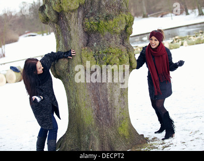 Zwei verspielte Freunde genießen die kalten Winter im freien werfen Schneebälle auf einander Stockfoto