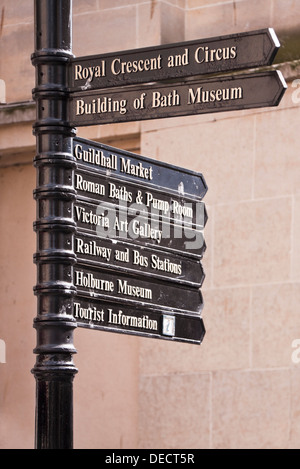 Zeichen Posten für die Royal Crescent, Zirkus, Roman Baths und Trinkhalle in Bath, Großbritannien Stockfoto