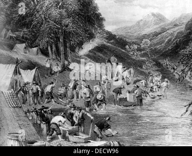 PANNING für GOLD IN Kalifornien in den 1840er Jahren Stockfoto