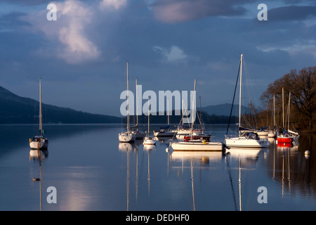 CUMBRIA, Großbritannien - 14. APRIL 2008: Boote liegen am Lake Windermere im frühen Morgenlicht vor Stockfoto