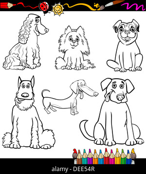 Malbuch oder Färbung Seite Schwarzweiß Cartoon Illustration lustig reinrassige Hunde oder Welpen Stockfoto