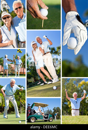 Glücklich Senior zog sich Mann und Frau Paar zusammen Golf spielen, auf einem grünen setzen und Erfolge feiern Stockfoto
