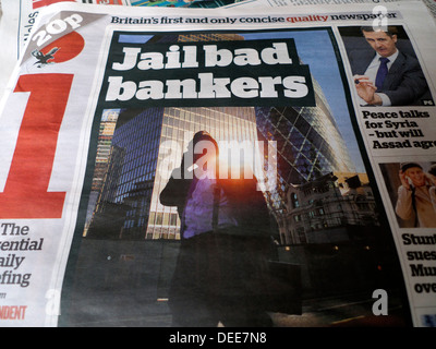 Haft schlechte Bankers' Zeitung Schlagzeile auf der vorderen Abdeckung der unabhängigen Zeitungen London England UK vom 19. Juni 2013 Stockfoto