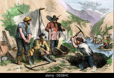 Kalifornien Gold Diggers, wie durch einen Augenzeugenbericht gesehen, 1850. Hand - farbige Holzschnitt Stockfoto