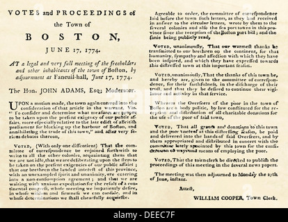 Boston Stadt treffen Antwort auf die Boston Port Act, 1774. Holzschnitt mit einem Aquarell waschen Stockfoto