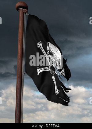 Zerfetzte Piratenflagge Höhenflug an einem windigen Tag Stockfoto