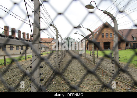 Ein Blick aber Stacheldraht Elektrozäune, Gefangener Hütten wo Juden gehalten wurden, bevor Sie gehen in die Gaskammern. Stockfoto