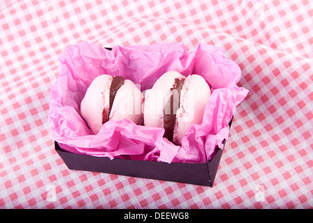 zwei rosa Macarons in Blackbox Stockfoto