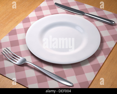 Besteck und leere Teller. Ihr Text oder Bild auf dem Teller. Stockfoto