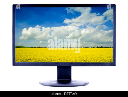 LCD monitor TV-Bildschirm mit Landschaft isoliert auf weißem Hintergrund Stockfoto