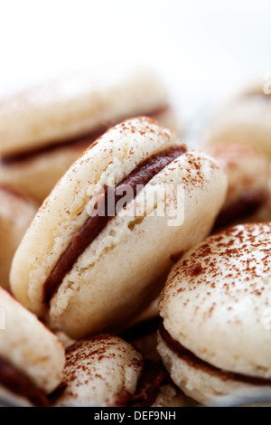 Französische Macarons mit Schoko-Füllung und Kakaopulver Stockfoto