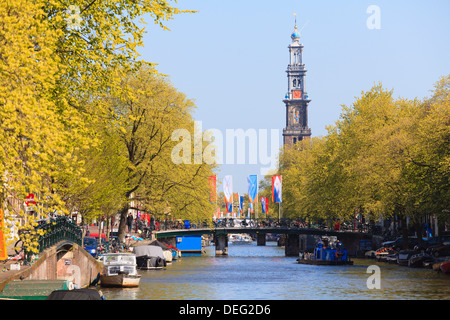 Westerkerk Kirche Turm von Prinsengracht Kanal, Amsterdam, Niederlande, Europa Stockfoto