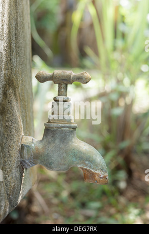 Alte verrostete Wasserhahn im Garten. Stockfoto