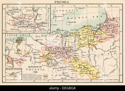 Karte des Königreichs Preußen 1786, und Brandenburg im Jahre 1415. Farblithographie Stockfoto