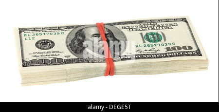 Stapel von zehntausend Dollar Haufen von hundert-Dollar-Scheine, Isolated on White Background Stockfoto