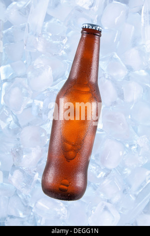 Eine braune Flasche Bier auf Eis. Stockfoto