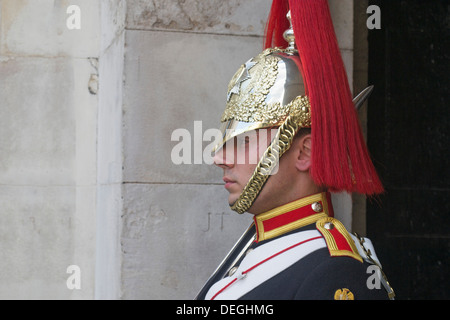 Mitglied der Household Cavalry, Trooper die Blues and Royals stehen Wache, London, England, UK Stockfoto