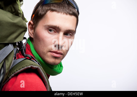 Bild eines Schülers mit Rucksack und Buch in Spezifikationen Stockfoto