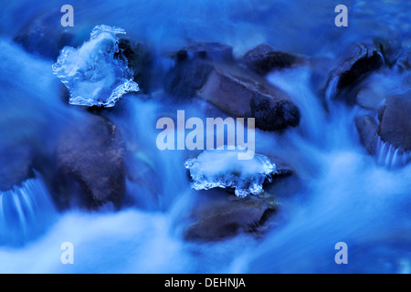 Detail aus einem Wasserstrom mit Eis im Winter. Stockfoto