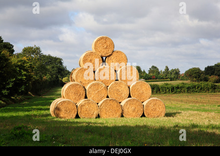 Ein Stapel Stroh Rundballen nach der Ernte in die North Norfolk-Landschaft. Stockfoto