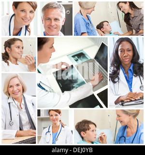 Ein Team von medizinischen Ärzte & Krankenschwestern Männer und Frauen mit Patienten in einem Krankenhaus mit Stethoskope, Röntgenstrahlen und Computer Stockfoto