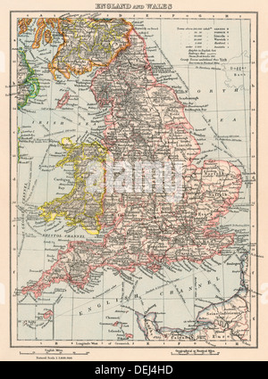 Karte von England und Wales, 1870. Farblithographie Stockfoto