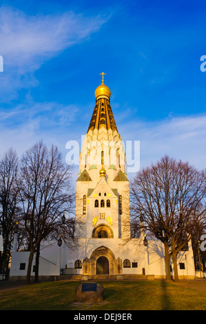 Russisch-orthodoxe Kirche in Leipzig bei Sonnenuntergang Stockfoto