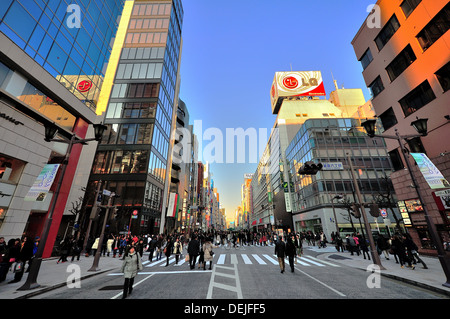 Shopper und Wanderer genießen Sie einen schönen autofreien Tag in der bis-Skala Einkaufsviertel Ginza, Tokio, Japan Stockfoto