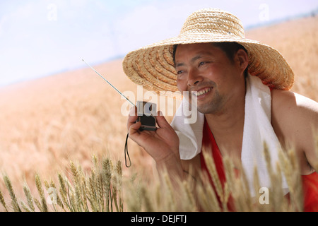 Landwirt Radiohören im Weizenfeld Stockfoto