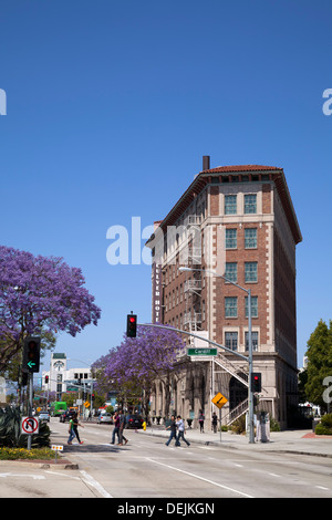 Culver Hotel und Jacaranda-Bäume in der Innenstadt von Culver City. Los Angeles, California Stockfoto