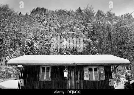 Schnee auf Chalet Dach getroffen in Morzine-Avoriaz, Frankreich, Europa mit Wald Stockfoto