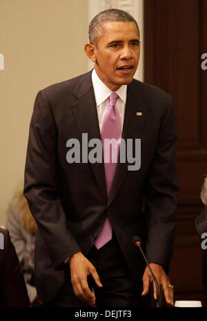Washington DC, USA. 19. September 2013. US-Präsident Barack Obama kommt, um Bemerkungen bei einem Treffen von seinen Export Council in der Eisenhower Executive Office Building in Washington, DC am 19. September 2013 liefern. Bildnachweis: Yuri Gripas / Pool über CNP Credit: Dpa picture-Alliance/Alamy Live News Stockfoto