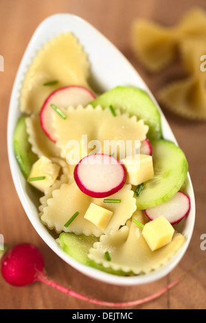 Vegetarische Fliege-Pasta-Salat mit Gurken, Rettich, Käse und Schnittlauch Stockfoto