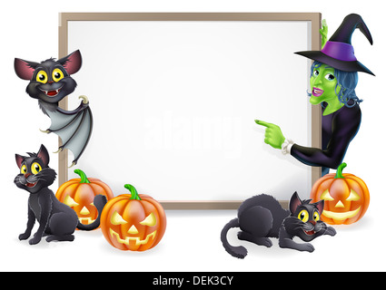 Halloween Schild oder Banner mit schwarzen Hexe Katzen, Hexe Besenstiel und Cartoon-Hexe und Vampir-Fledermaus Zeichen Stockfoto