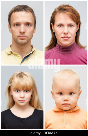 Satz von echten jungen kaukasischen Familie Gesicht Porträts auf grauem Hintergrund Stockfoto
